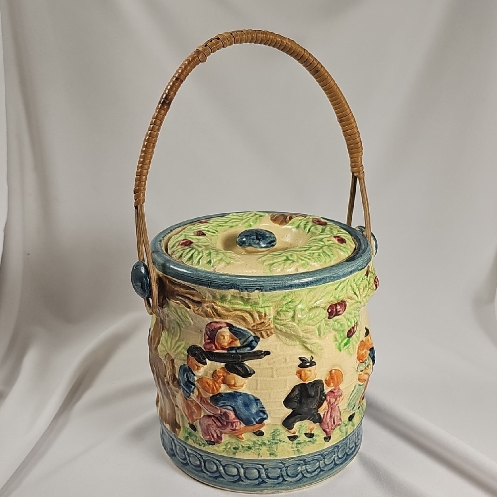Majolica Vintage Ceramic Biscuit Jar w/ Wicker Handle